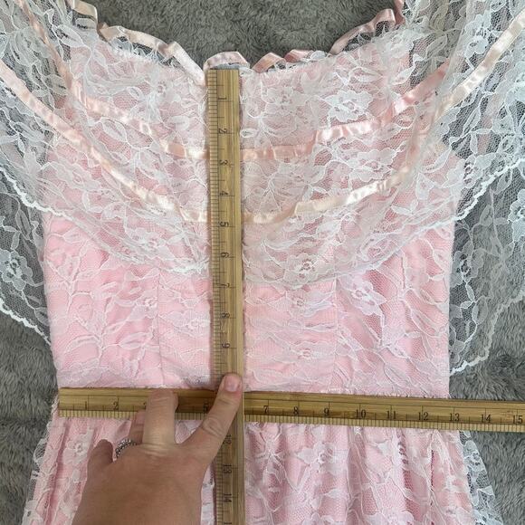 Vintage 80s Pale Pink Lace Off Shoulder Full Skirt Prom Dress Prairie Cottage - Picture 14 of 14